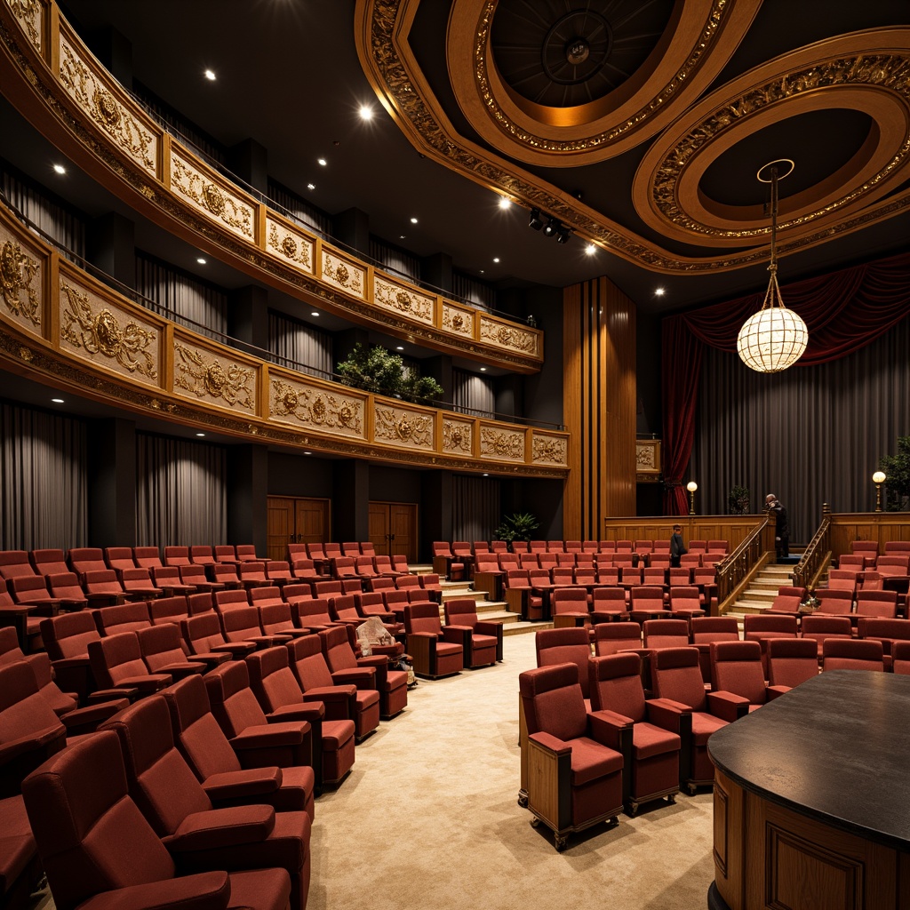 Prompt: Elegant theater interior, rich wood accents, plush velvet seats, ornate golden trim, sound-absorbing acoustic panels, dark charcoal walls, subtle ambient lighting, curved balconies, grand chandeliers, intricate moldings, premium fabric drapes, warm beige carpets, state-of-the-art audio equipment, precise speaker placement, optimal reverberation control, cinematic ambiance, dramatic spotlights, 1/2 composition, shallow depth of field, realistic textures.