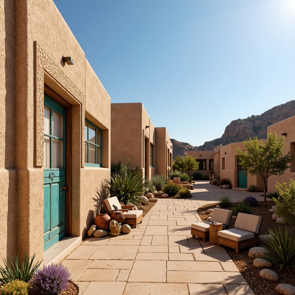 Prompt: Earthy adobe buildings, textured walls with natural stone, warm beige stucco, vibrant turquoise accents, rustic wooden doors, ornate metalwork, arid desert landscape, cacti and succulents, clear blue sky, warm sunny day, soft warm lighting, shallow depth of field, 3/4 composition, panoramic view, realistic textures, ambient occlusion, Southwestern-inspired pottery, woven textiles, colorful geometric patterns.