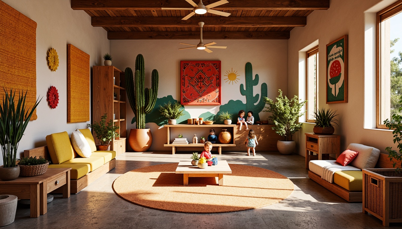 Prompt: Vibrant kindergarten, southwestern decor, colorful woven textiles, wooden furniture, natural stone accents, earthy tone walls, rustic metal frames, plush cushions, educational toys, playful murals, cactus plants, warm sunny day, soft warm lighting, shallow depth of field, 3/4 composition, panoramic view, realistic textures, ambient occlusion.