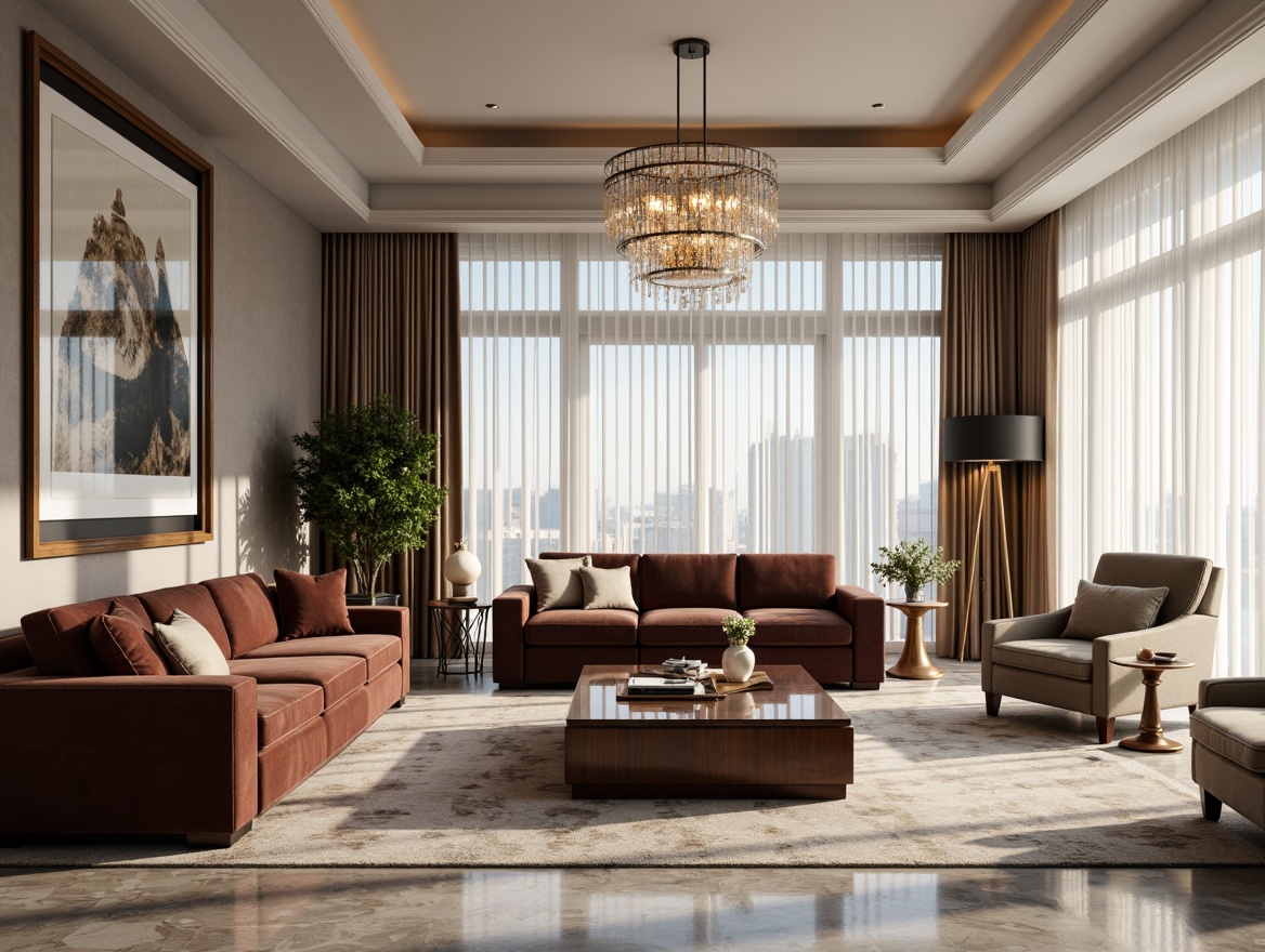 Prompt: Luxurious living room, velvet sofas, mahogany wood coffee tables, bronze metal accents, marble floors, crystal chandeliers, floor-to-ceiling windows, sheer curtains, neutral color palette, warm ambient lighting, 1/1 composition, shallow depth of field, realistic textures, soft focus effect.