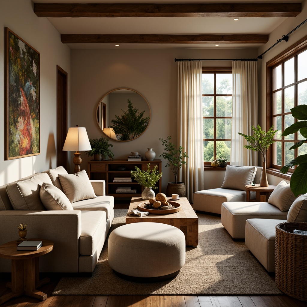 Prompt: Cozy living room, plush sofas, accent chairs, ottomans, wooden coffee tables, soft cushions, warm lighting, natural textiles, woven baskets, potted plants, earthy color palette, inviting atmosphere, comfortable seating arrangements, relaxed conversation areas, intimate corners, floor lamps, table lamps, subtle patterns, rich fabrics, calming ambiance, peaceful retreat.