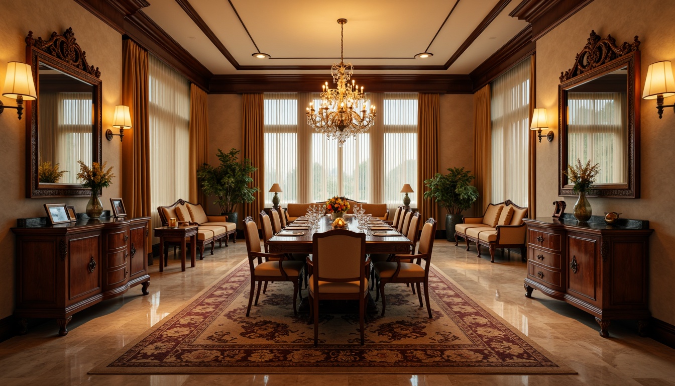 Prompt: Elegant dining room, luxurious wooden furniture, rich velvet upholstery, ornate carvings, crystal chandeliers, marble flooring, warm beige walls, stylish sideboards, decorative mirrors, plush area rugs, comfortable seating, intimate ambiance, soft golden lighting, shallow depth of field, 1/2 composition, realistic textures, ambient occlusion.