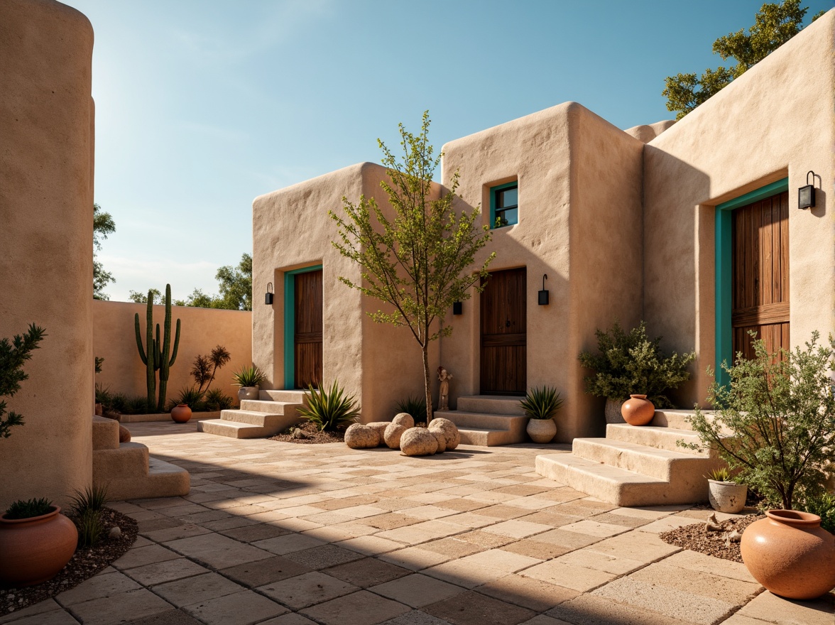 Prompt: \Earthy southwestern adobe architecture, warm beige stucco walls, turquoise accents, vibrant terracotta pottery, rustic wooden doors, woven textiles, natural fiber rugs, sandy dunes, cactus silhouettes, clear blue skies, warm golden light, shallow depth of field, 3/4 composition, panoramic view, realistic textures, ambient occlusion.\