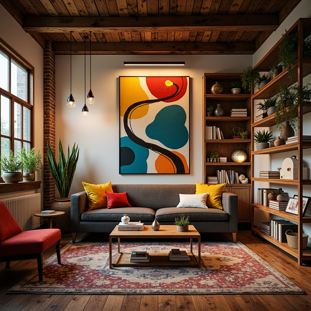 Prompt: Vibrant artistic studio, eclectic mix of furniture, bold color blocking, rich textures, abstract artwork, statement lighting fixtures, industrial metal accents, reclaimed wood shelves, creative freedom atmosphere, warm golden lighting, shallow depth of field, 1/1 composition, realistic rendering, ambient occlusion, subtle gradient effects.