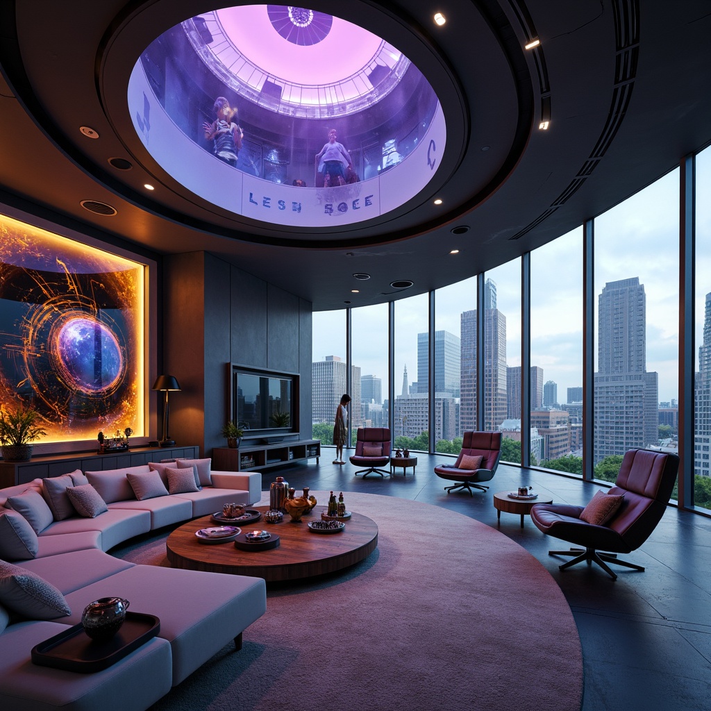 Prompt: Futuristic living room, curved lines, metallic accents, neon lights, holographic displays, minimalist decor, low-poly furniture, virtual reality integration, floor-to-ceiling windows, cityscape views, sleek coffee tables, levitating chairs, ambient LED lighting, 3D-printed decorative elements, avant-garde art pieces, high-tech gadgetry, spacious open layout, dynamic color schemes, reflective surfaces, cyberpunk-inspired textures, atmospheric misting systems.