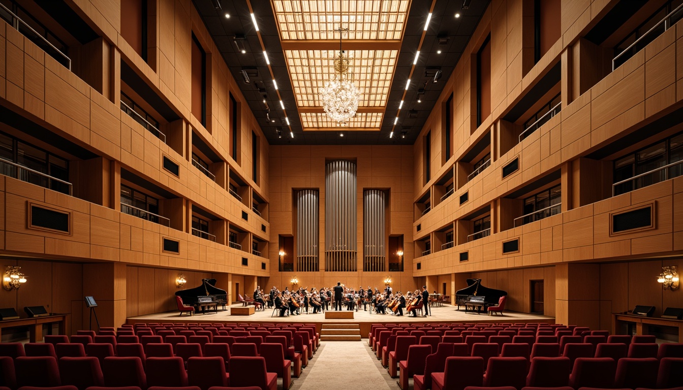 Prompt: Elegant concert hall, wooden acoustic panels, sound-absorbing materials, precise sound diffusion, refined audio clarity, sophisticated music performances, grand pianos, orchestral ensembles, intimate recital settings, rich wood tones, ornate chandeliers, plush red velvet seats, classic architectural details, dramatic high ceilings, warm ambient lighting, subtle color palette, 1/2 composition, shallow depth of field, soft focus blur.