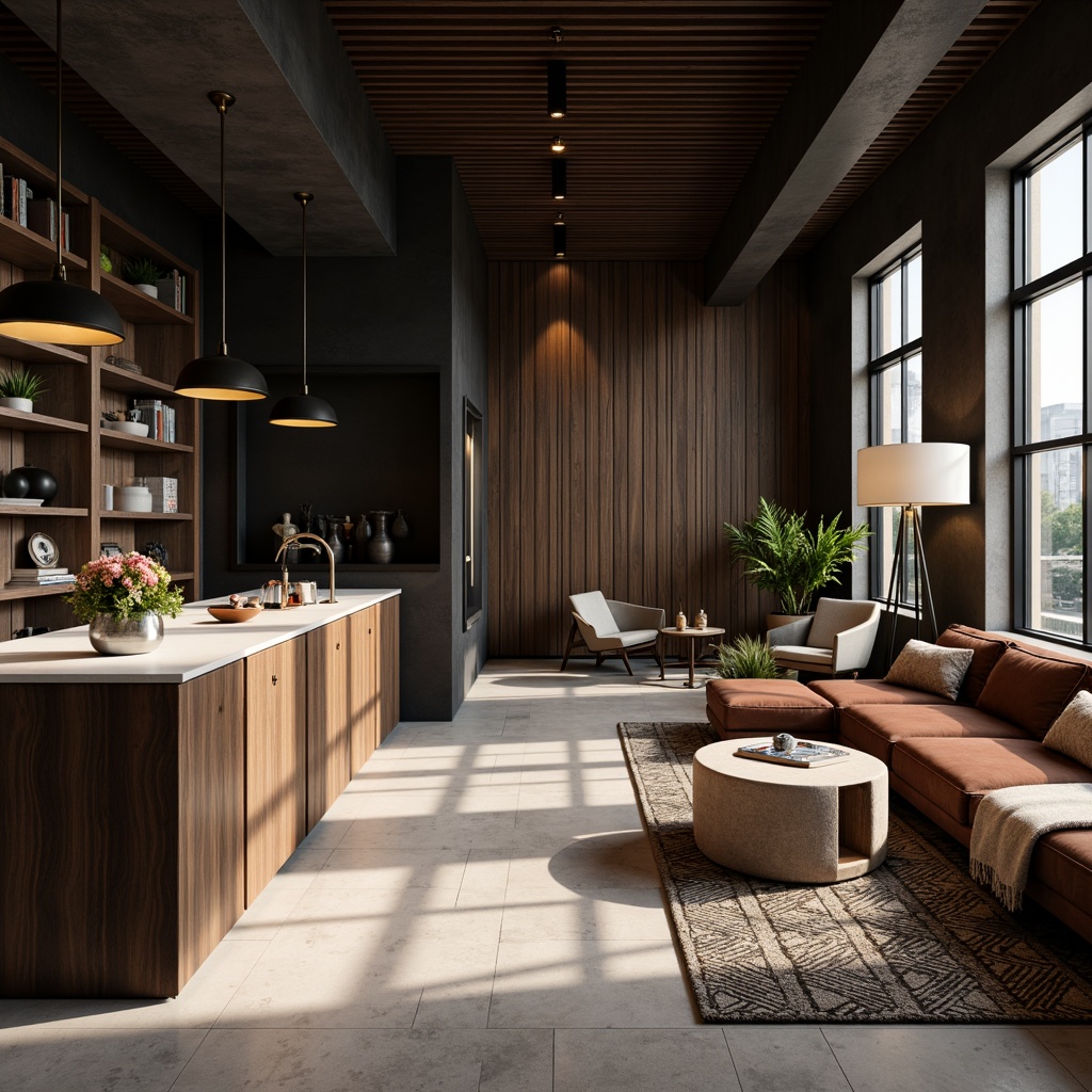 Prompt: Modern minimalist interior, sleek metal accents, matte black finishes, polished chrome details, rich walnut wood tones, soft velvet textiles, creamy marble countertops, industrial concrete floors, geometric patterned rugs, ambient warm lighting, shallow depth of field, 1/1 composition, realistic reflections, subtle gradient maps.