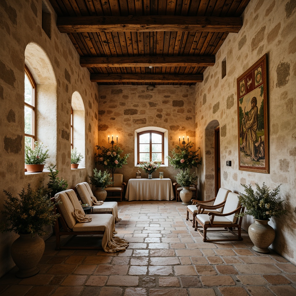 Prompt: Rustic monastery, distressed stone walls, worn wooden beams, soft candlelight, warm beige tones, earthy terracotta hues, muted sage greens, creamy whites, weathered copper accents, vintage tapestries, ornate metalwork, delicate florals, faded linen fabrics, natural textures, romantic ambiance, soft focus, 1/2 composition, warm golden lighting, shallow depth of field.