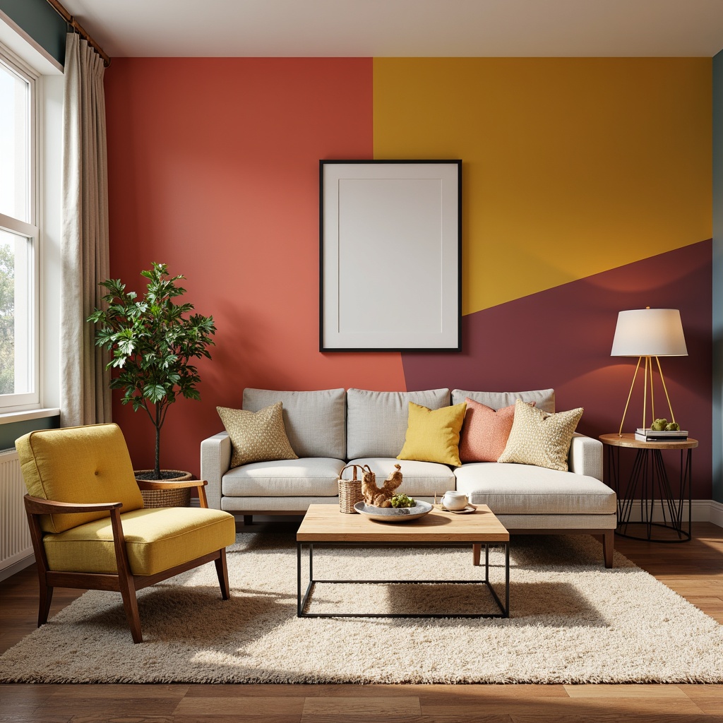 Prompt: Vibrant living room, bold accent walls, pastel furniture, soft creamy carpets, natural wood textures, modern minimalist decor, industrial metal accents, eclectic bohemian patterns, warm cozy lighting, 3/4 composition, shallow depth of field, panoramic view, realistic textures, ambient occlusion.