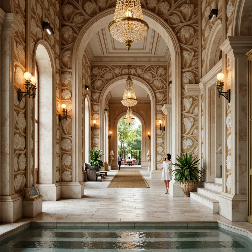 Prompt: Intricate carved stone walls, ornate gilded fixtures, soft pastel hues, delicate shell motifs, curvaceous lines, French Baroque architecture, grand staircases, lavish fountains, sparkling crystal chandeliers, velvety smooth water surfaces, warm golden lighting, shallow depth of field, 1/1 composition, symmetrical reflection, realistic textures, ambient occlusion.