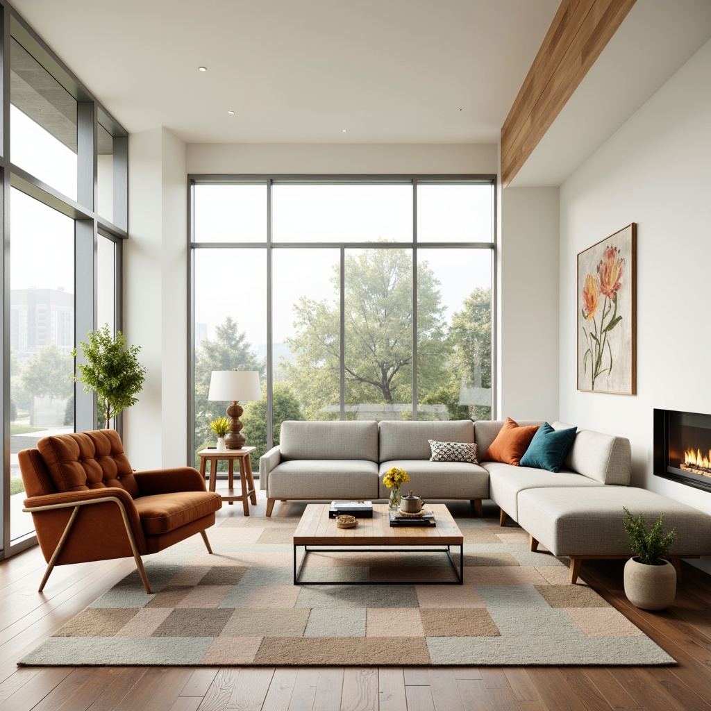 Prompt: Mid-century modern living room, minimalist decor, sleek low-profile sofa, tufted velvet armchair, reclaimed wood coffee table, industrial metal legs, geometric patterned rug, floor-to-ceiling windows, natural light, airy atmosphere, pastel color palette, soft warm lighting, 1/1 composition, shallow depth of field, realistic textures.