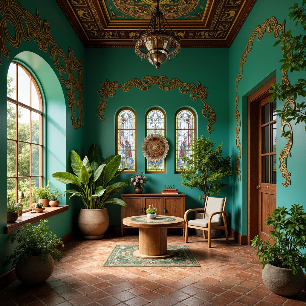 Prompt: Vibrant turquoise walls, ornate golden accents, lush emerald greenery, flowing organic lines, intricate floral patterns, stained glass windows, earthy terracotta floors, whimsical mosaic art pieces, ornamental metalwork, fantastical creatures, dreamlike atmosphere, soft warm lighting, 1/2 composition, intimate close-up shots, realistic textures, ambient occlusion.