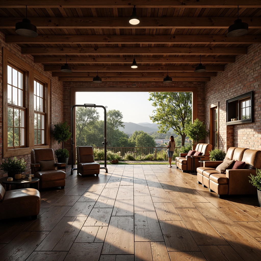 Prompt: Rustic farmhouse gymnasium interior, natural light pouring in, wooden beams, exposed brick walls, vintage agricultural equipment, metal fitness machines, reclaimed wood flooring, earthy color palette, soft warm lighting, shallow depth of field, 1/2 composition, realistic textures, ambient occlusion, worn leather furniture, distressed metal accents, lush greenery, blooming flowers, panoramic view.