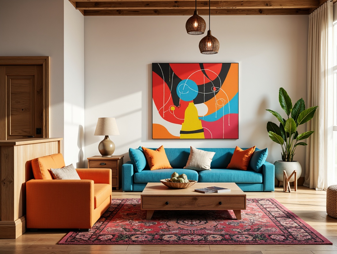 Prompt: Vibrant living room, bold color accents, eclectic furniture, patterned rugs, statement lighting fixtures, modern abstract artwork, natural wood textures, creamy white walls, plush throw pillows, geometric-shaped vases, bright sunny day, warm soft lighting, shallow depth of field, 3/4 composition, panoramic view, realistic textures, ambient occlusion.