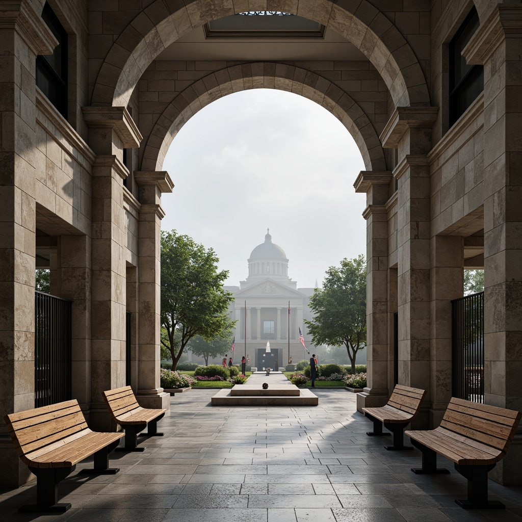 Prompt: Elegant memorial center, solemn atmosphere, contrasting textures, rough stone walls, smooth marble floors, weathered metal accents, warm wooden benches, subtle lighting effects, misty foggy mornings, soft natural light, shallow depth of field, 1/2 composition, symmetrical architecture, neoclassical style, monumental columns, ornate details, patriotic flags, respectful silence, peaceful surroundings, lush greenery, blooming flowers, serene water features.