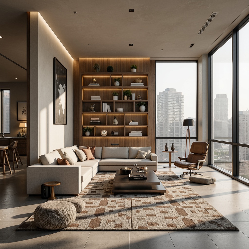 Prompt: Modern minimalist living room, sleek low-profile sofa, industrial metal coffee table, reclaimed wood accent wall, geometric patterned rug, functional task lighting, comfortable ergonomic chair, built-in shelving units, compact storage ottoman, warm beige color scheme, natural stone flooring, floor-to-ceiling windows, urban city view, soft diffused lighting, 1/1 composition, realistic textures, ambient occlusion.