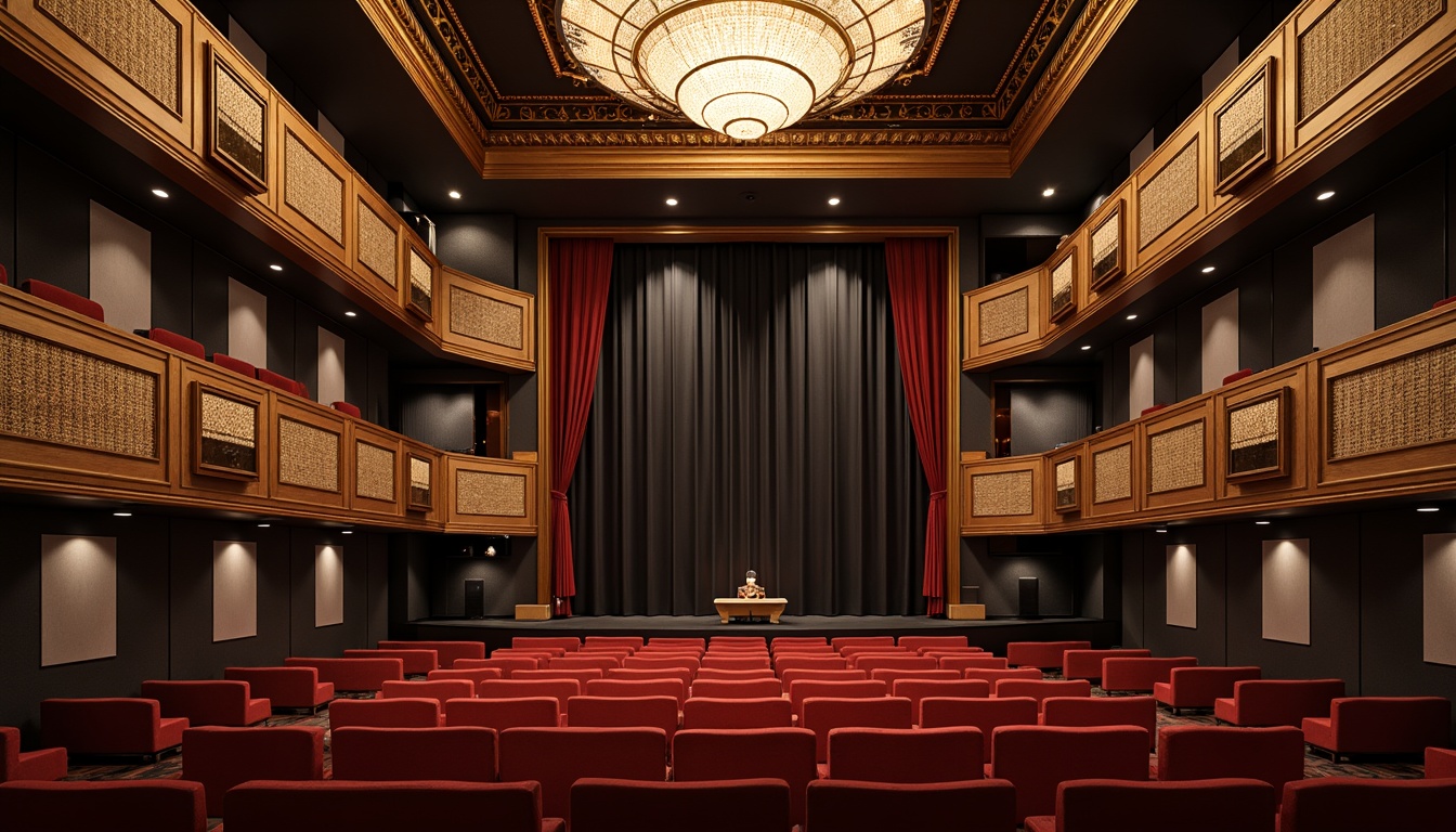 Prompt: Elegant theater interior, rich wood accents, plush red velvet seats, ornate golden balconies, acoustic panels with geometric patterns, sound-absorbing materials, charcoal grey walls, dimmable stage lighting, grand chandelier, sweeping curtains, intimate atmosphere, warm ambient glow, shallow depth of field, 1/1 composition, realistic textures, soft box lighting.