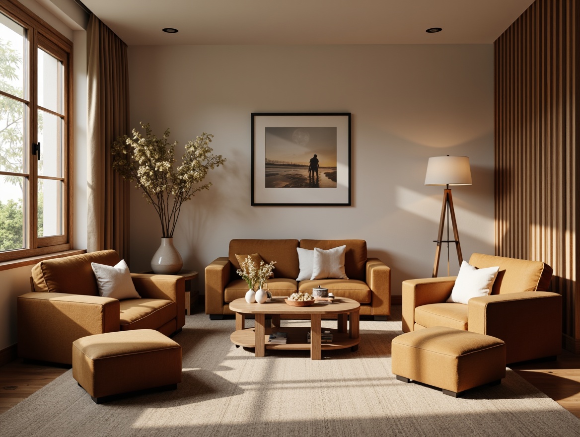 Prompt: Cozy living room, plush sofas, velvet armchairs, wooden coffee tables, soft cushions, warm lighting, earthy tone colors, natural fabrics, comfortable ottomans, ergonomic design, harmonious spatial layout, inviting atmosphere, calm ambiance, serene mood, gentle curves, rounded shapes, minimalist decor, subtle textures, neutral background, 1/1 composition, shallow depth of field, realistic rendering.