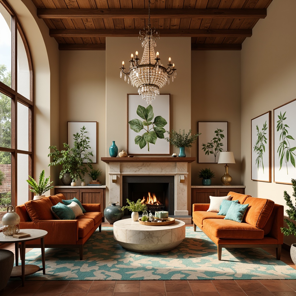 Prompt: Cozy living room, warm beige walls, rich walnut wood furniture, plush velvet sofas, soft golden lighting, natural stone fireplace, earthy terracotta flooring, vibrant turquoise accents, creamy white marble countertops, elegant crystal chandeliers, serene botanical prints, calming nature-inspired colors, 1/1 composition, realistic textures, ambient occlusion.