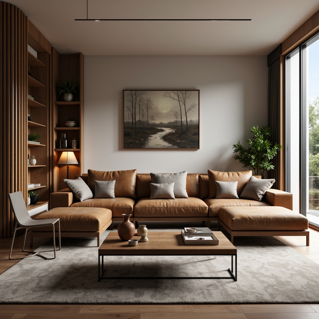 Prompt: Elegant living room, modern sofa, sleek coffee table, minimalist decor, comfortable cushions, sturdy wooden legs, rich leather upholstery, subtle texture patterns, warm ambient lighting, 1/2 composition, soft focus, cozy atmosphere, inviting color palette, functional storage solutions, smart spatial planning, harmonious balance of form and function.