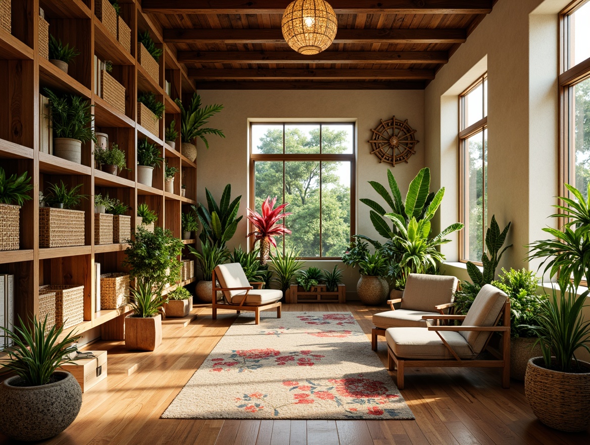 Prompt: Vibrant tropical library, wooden shelving units, natural rattan materials, woven wicker baskets, lush greenery, exotic plants, colorful floral patterns, warm beige walls, polished wood floors, large windows, soft diffused lighting, shallow depth of field, 1/1 composition, realistic textures, ambient occlusion, rustic wooden accents, handmade paper lanterns, woven fiber rugs, natural stone features, reclaimed wood decor.