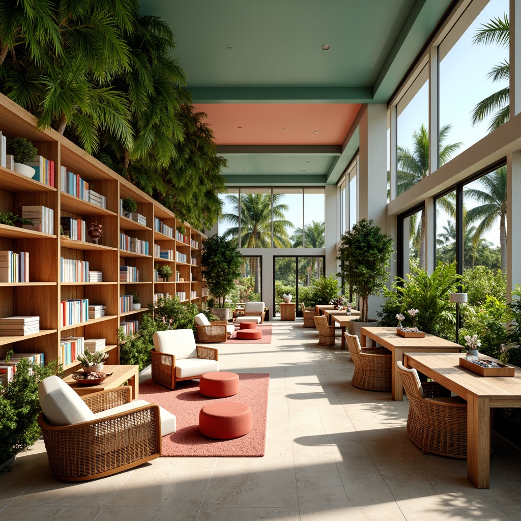 Prompt: Vibrant tropical library, lush greenery walls, natural wood accents, colorful bookshelves, woven rattan furniture, exotic floral patterns, warm beige flooring, soft turquoise ceilings, bright coral highlights, comfortable reading nooks, plush area rugs, elegant wooden desks, modern minimalist lamps, abundant natural light, large windows, sliding glass doors, serene outdoor views, palm trees, sunny day, soft warm lighting, shallow depth of field, 3/4 composition, realistic textures, ambient occlusion.