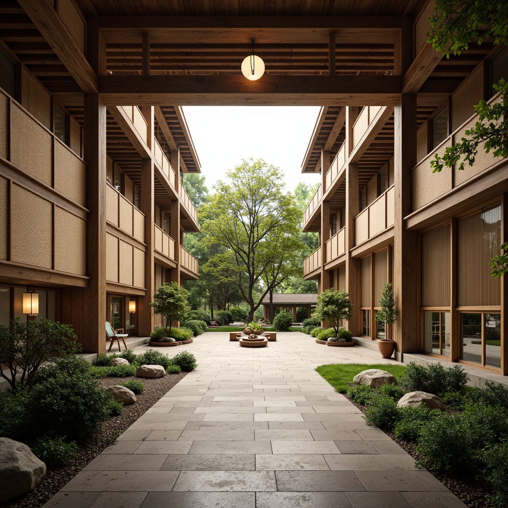 Prompt: Traditional Asian-style school, natural materials, wooden accents, bamboo textures, tatami mats, shoji screens, paper lanterns, minimalist decor, earthy tone color palette, stone walkways, lush greenery, bonsai trees, tranquil courtyard, soft warm lighting, shallow depth of field, 3/4 composition, panoramic view, realistic textures, ambient occlusion.