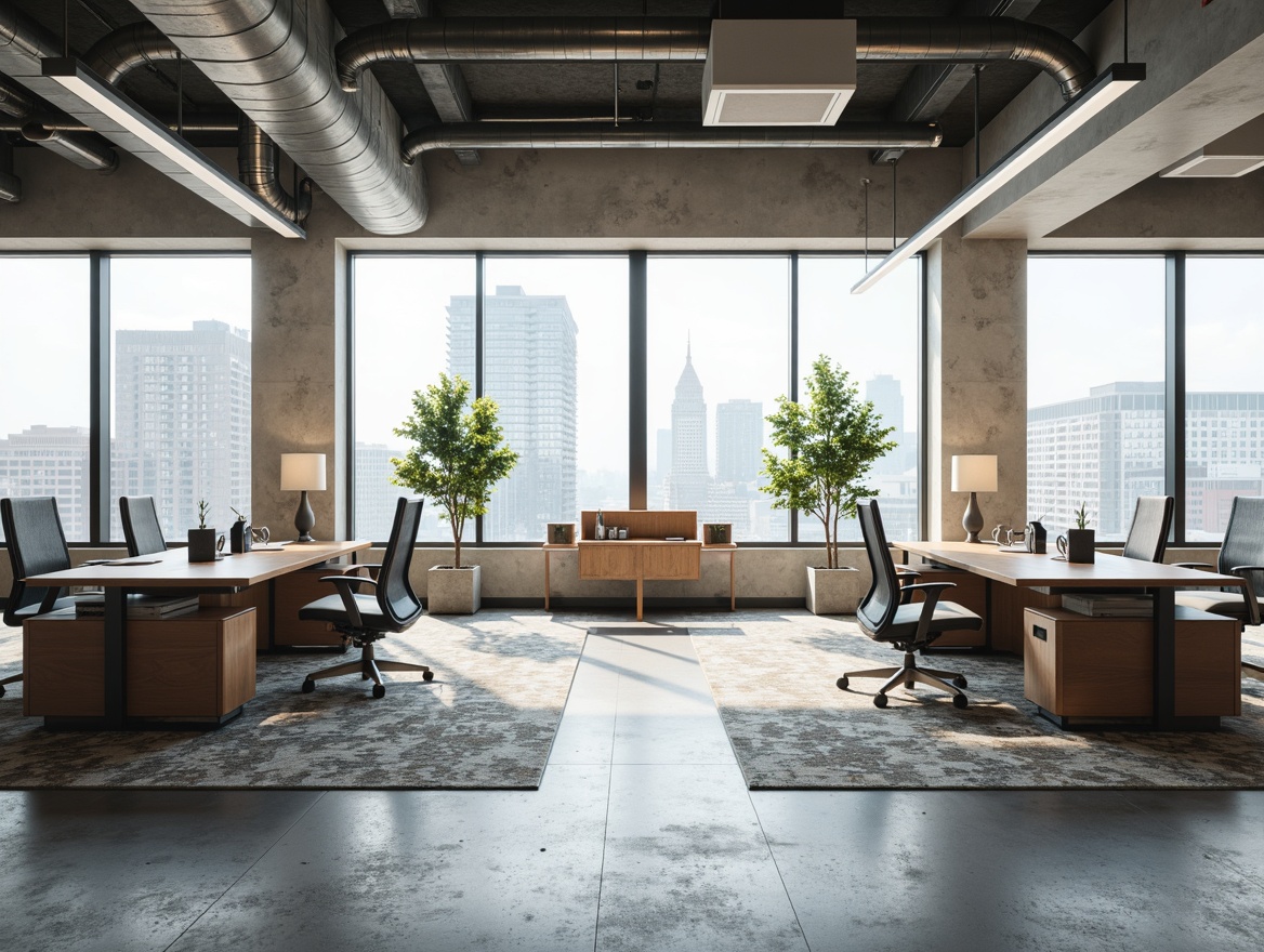 Prompt: Modern minimalist office, open space layout, collaborative workstations, ergonomic chairs, sleek wooden desks, abundant natural light, floor-to-ceiling windows, urban cityscape views, neutral color palette, polished concrete floors, geometric patterns, suspended ceiling lights, 1/1 composition, softbox lighting, realistic textures, ambient occlusion.