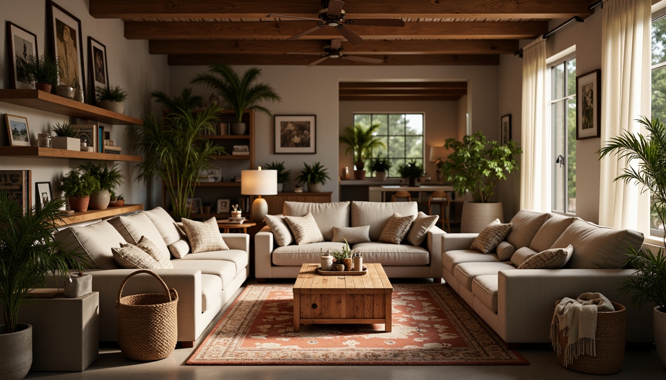 Prompt: Cozy living room, plush sofas, oversized armchairs, soft cushions, warm lighting, wooden coffee tables, woven baskets, potted plants, floor lamps, comfortable throw blankets, inviting rug patterns, earthy color schemes, natural textiles, rustic wood accents, relaxing ambiance, shallow depth of field, 2/3 composition, soft focus, warm color grading.