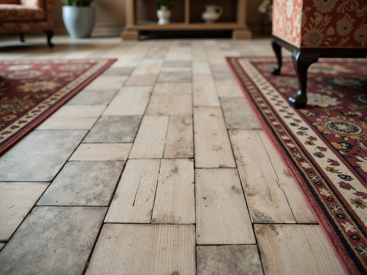 Prompt: Distressed wooden planks, vintage rug patterns, soft pastel colors, worn stone tiles, distressed limestone flooring, antique furniture legs, ornate metal fixtures, floral patterned carpets, faded velvet textiles, rustic wood accents, ornate ceramic vases, soft warm lighting, shallow depth of field, 3/4 composition, panoramic view, realistic textures, ambient occlusion.