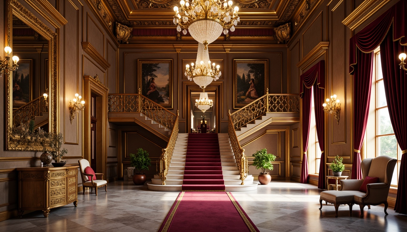 Prompt: Opulent palace, intricately carved wooden doors, gilded furnishings, lavish chandeliers, ornate mirrors, velvet drapes, majestic staircase, grand ballroom, crystal fixtures, marble floors, baroque architecture, intricate moldings, golden accents, luxurious fabrics, rich jewel tones, warm soft lighting, dramatic shadows, 3/4 composition, symmetrical framing, realistic textures, ambient occlusion.