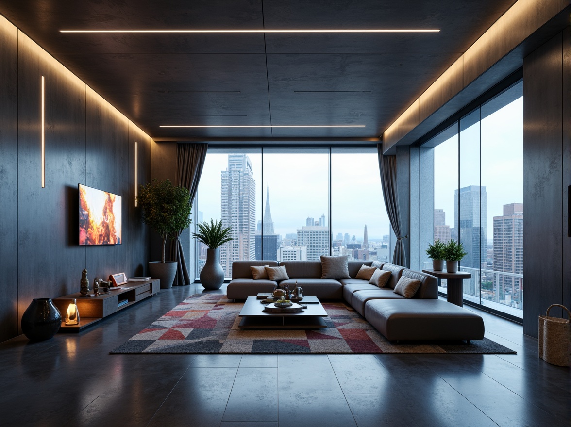 Prompt: Futuristic living room, sleek metal walls, polished concrete floors, minimalist decor, curved lines, neon accent lights, low-profile furniture, modular sofas, cantilevered coffee tables, holographic TVs, virtual reality headsets, ambient LED lighting, panoramic city views, floor-to-ceiling windows, automated smart home systems, sustainable materials, 3D-printed decorative accessories, geometric patterned rugs, abstract artwork, softbox lighting, shallow depth of field, 1/1 composition, cinematic atmosphere.