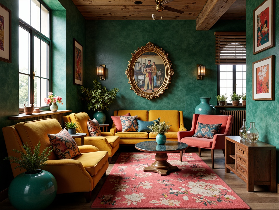 Prompt: Vibrant eclectic interior, mix-and-match furniture, bold graphic patterns, distressed wood textures, vintage decorative accents, rich velvet fabrics, jewel-toned colors, emerald green walls, mustard yellow armchairs, deep turquoise vases, coral pink rugs, antique gold frames, ornate metal fixtures, soft warm lighting, dramatic shadows, shallow depth of field, 1/2 composition, realistic renderings, ambient occlusion.