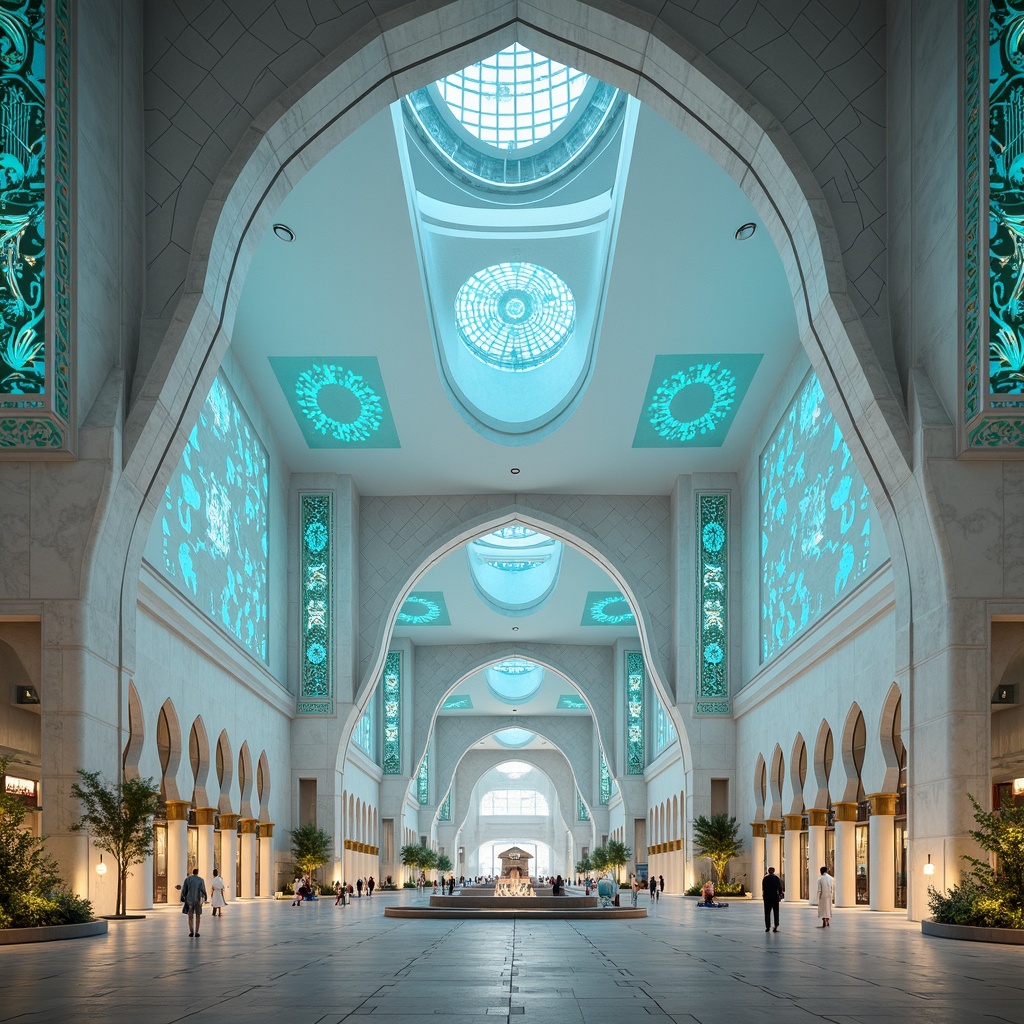 Prompt: Futuristic mosque, gleaming white marble, sweeping curves, grand arches, intricate geometric patterns, vibrant turquoise accents, ornate minarets, spacious prayer hall, modern Islamic calligraphy, ambient soft lighting, shallow depth of field, 3/4 composition, panoramic view, realistic textures, ambient occlusion, futuristic urban landscape, neon-lit cityscape, towering skyscrapers, holographic projections, levitating structures, atmospheric mist, ethereal ambiance.