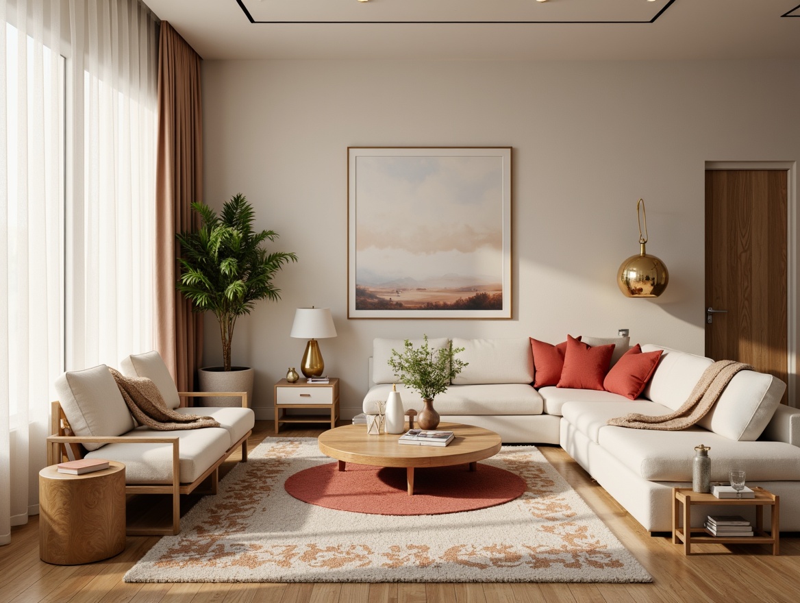 Prompt: Cozy living room, warm beige walls, rich wood flooring, soft cream furniture, natural textiles, plush area rugs, golden lighting fixtures, elegant marble accents, calming ambiance, relaxed atmosphere, modern minimalist decor, creamy whites, soothing grays, earthy browns, vibrant coral pops, subtle patterns, luxurious fabrics, inviting space, 1/1 composition, warm softbox lighting, realistic renderings.