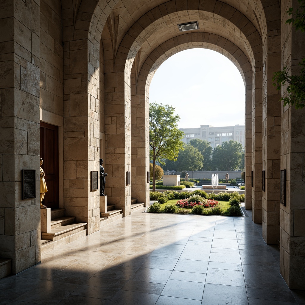 Prompt: Solemn memorial center, contrasting textures, rugged stone walls, smooth marble floors, solemn atmosphere, respectful ambiance, natural light pouring, soft warm glow, subtle shadowing, minimalist decor, simple yet powerful architecture, commemorative plaques, heroic statues, solemn fountain, serene surrounding landscape, lush greenery, vibrant flowers, shallow depth of field, 3/4 composition, panoramic view, realistic textures, ambient occlusion.