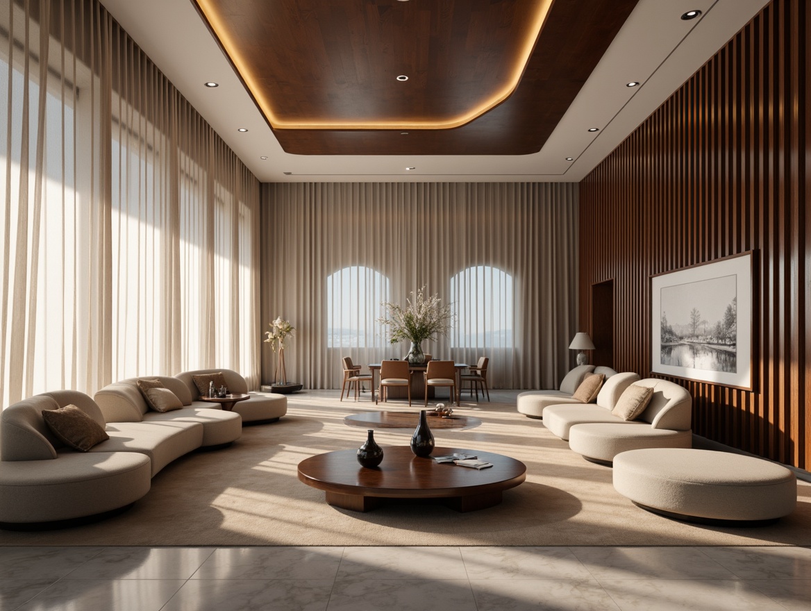 Prompt: Elegant living room, curved sofas, rounded coffee tables, flowing drapery, polished marble floors, smooth wooden accents, minimalist chrome lighting, subtle gradient colors, organic shapes, futuristic vibe, high-gloss finishes, metallic sheen, dynamic reflections, atmospheric fog effects, shallow depth of field, 1/2 composition, cinematic framing, detailed textures, ambient occlusion.