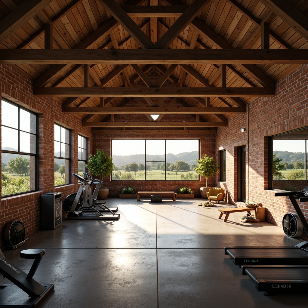 Prompt: Rustic farmhouse, functional layout, wooden beams, exposed brick walls, high ceilings, large windows, natural light, modern gym equipment, free weights, treadmills, exercise mats, mirrored walls, sound systems, ventilation systems, industrial-style lighting, polished concrete floors, earthy color palette, rural landscape, rolling hills, green pastures, sunny day, soft warm lighting, shallow depth of field, 3/4 composition, panoramic view, realistic textures, ambient occlusion.