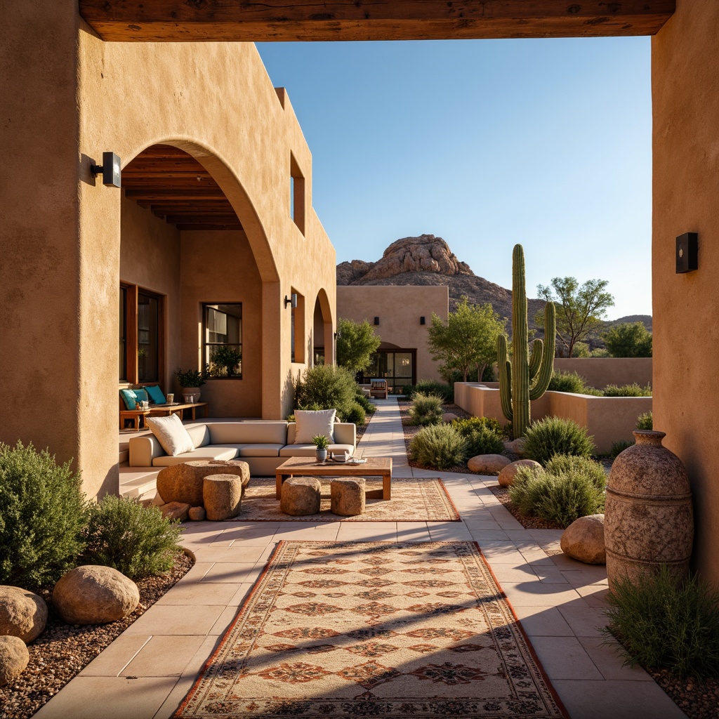 Prompt: Adobe earth-toned walls, rustic wooden accents, vibrant turquoise decorations, patterned Native American-inspired rugs, warm beige stucco exteriors, curved archways, ornate metalwork details, lush green cacti, sun-kissed desert landscapes, clear blue skies, warm golden lighting, shallow depth of field, 3/4 composition, panoramic view, realistic textures, ambient occlusion.