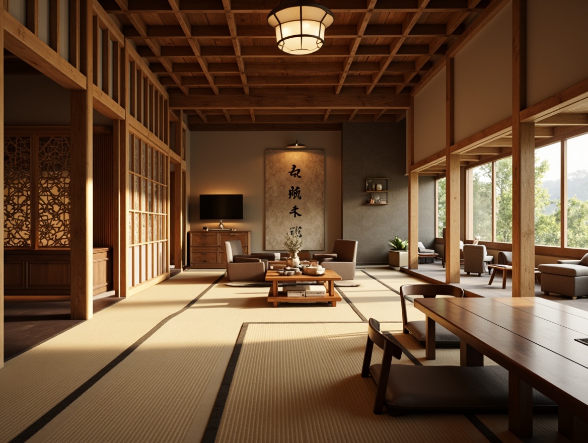 Prompt: Traditional Japanese tatami mats, low-seating wooden chairs, intricately carved wooden panels, ornate lanterns, subtle natural lighting, warm beige tones, minimalist decor, sliding shoji screens, rice paper walls, tranquil ambiance, serene atmosphere, soft warm glow, shallow depth of field, 1/1 composition, realistic textures, ambient occlusion.