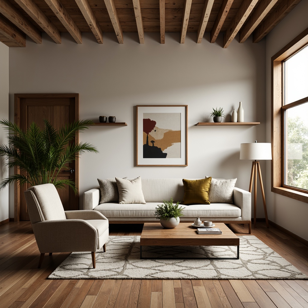 Prompt: Mid-century modern living room, sleek low-profile sofa, tufted velvet armchair, reclaimed wood coffee table, minimalist metal floor lamp, geometric patterned rug, abstract artwork, industrial chic decor, rustic wooden wall shelves, warm beige color scheme, softbox lighting, shallow depth of field, 3/4 composition, realistic textures, ambient occlusion.