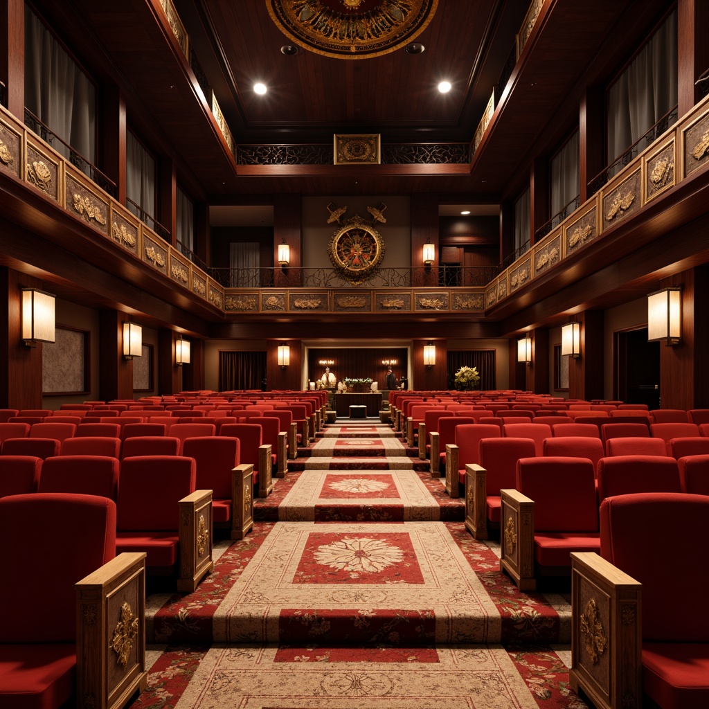 Prompt: Traditional Asian-inspired auditorium, tiered seating arrangement, crimson red velvet chairs, ornate wooden armrests, intricately carved golden accents, richly patterned rugs, majestic proscenium arch, delicate paper lanterns, subtle warm lighting, soft focused spotlights, 1/2 composition, shallow depth of field, realistic textures, ambient occlusion.