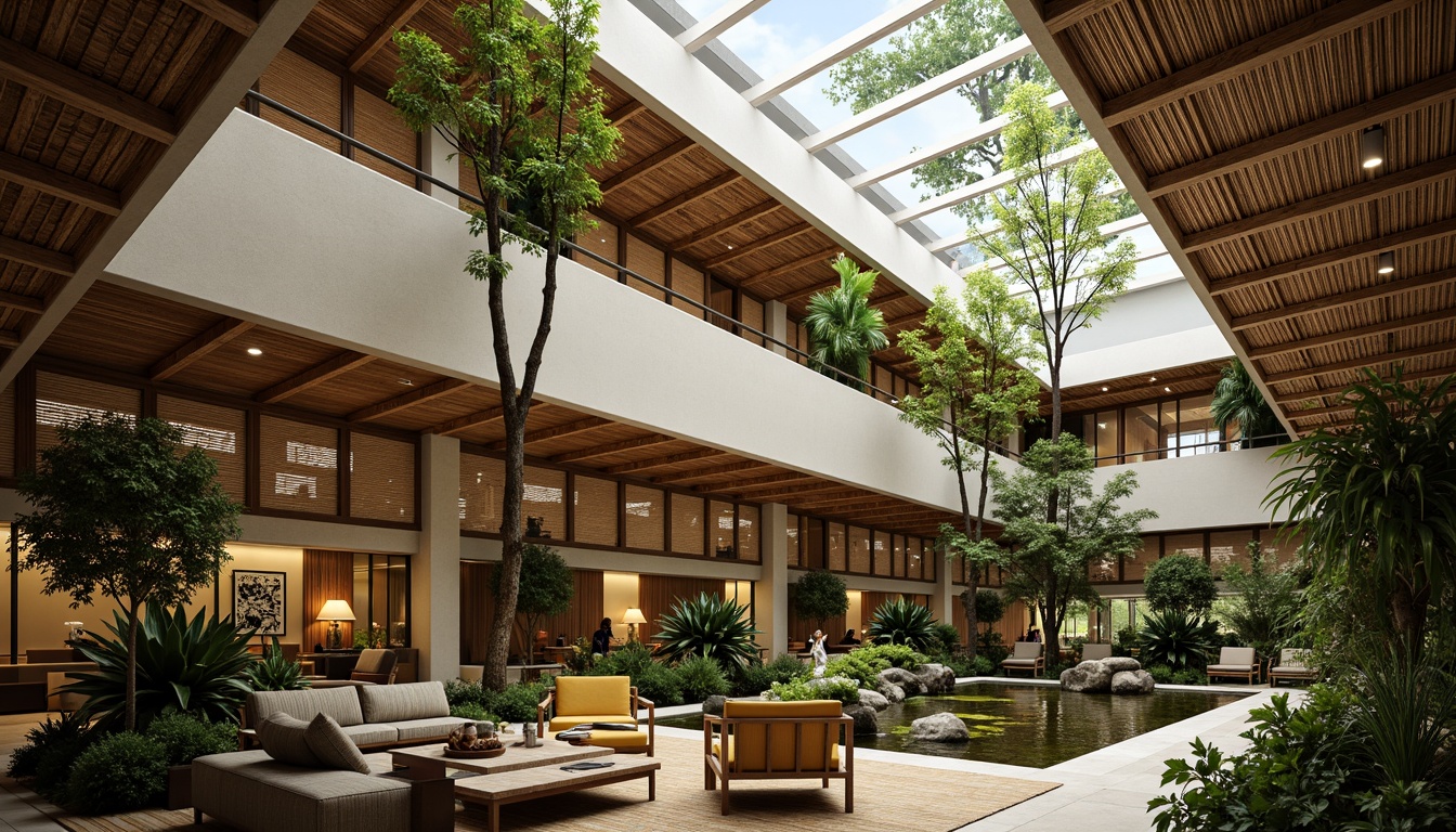 Prompt: Tropical library, natural ventilation, high ceilings, clerestory windows, cross-ventilation systems, louvered walls, breathable materials, woven bamboo screens, rattan furniture, lush greenery, internal courtyard, water features, misting system, warm neutral color palette, soft diffused lighting, 1/1 composition, realistic textures, ambient occlusion.