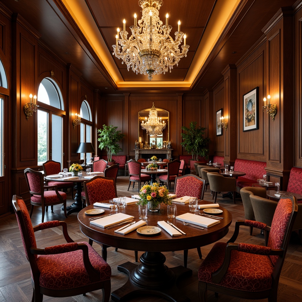 Prompt: Elegant dining room, wooden furniture, rich velvet upholstery, crystal chandeliers, marble tabletops, ornate carvings, luxurious fabrics, warm golden lighting, cozy atmosphere, intimate seating arrangements, refined wood tones, sophisticated color palette, stylish centerpieces, lavish decorative accents, subtle textures, 1/2 composition, soft focus, realistic reflections.