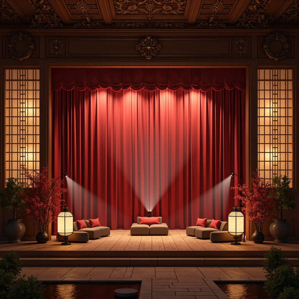 Prompt: Vibrant red curtains, intricately carved wooden panels, ornate gold accents, traditional Japanese shoji screens, bamboo flooring, subtle rice paper textures, delicate cherry blossom patterns, warm softbox lighting, dramatic spotlights, plush velvet seats, ornamental lanterns, minimalist stage design, natural wood tones, serene water features, tranquil garden views, subtle mist effects, cinematic wide-angle shots, low-key lighting, 1/2 composition, moody atmospheric rendering.