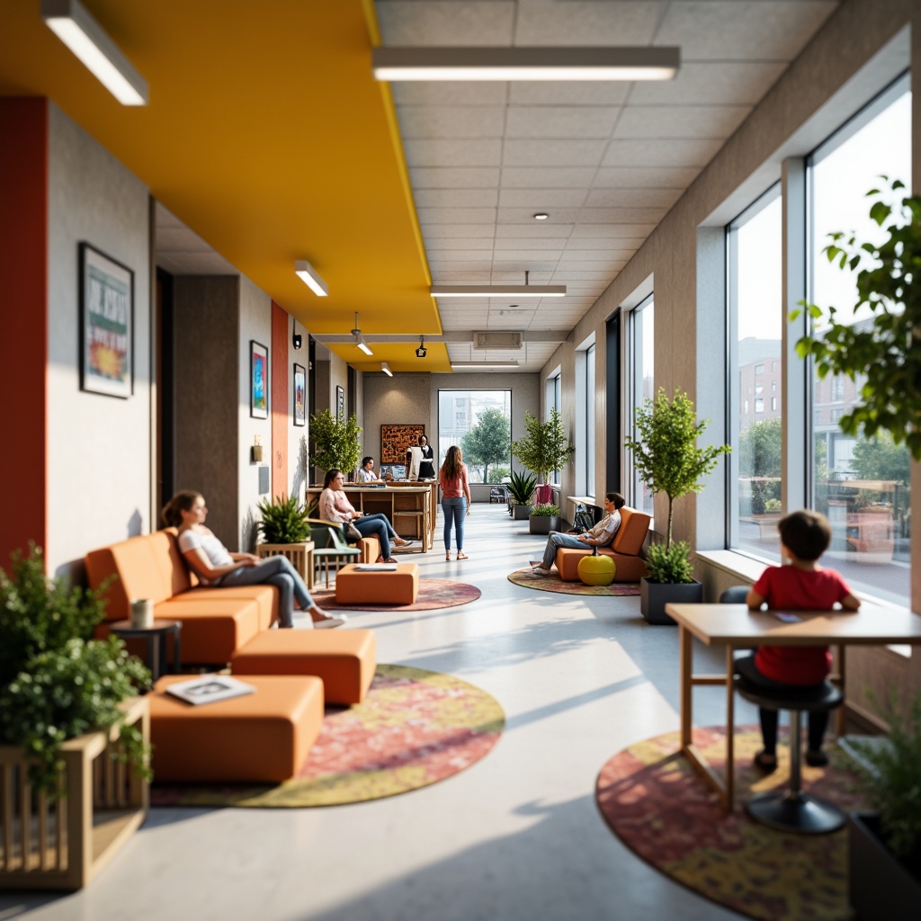 Prompt: Vibrant student halls, youthful energy, lively corridors, bold accent walls, calming neutral tones, wooden furniture, modern minimalist decor, natural light pouring in, floor-to-ceiling windows, cozy communal spaces, eclectic art pieces, inspirational quotes, motivational posters, playful patterned rugs, cheerful bright colors, stimulating study areas, collaborative workspaces, dynamic social hubs, relaxed lounge zones, soothing pastel hues, refreshing greenery, blooming plants, warm atmospheric lighting, shallow depth of field, 1/2 composition, soft focus effect.