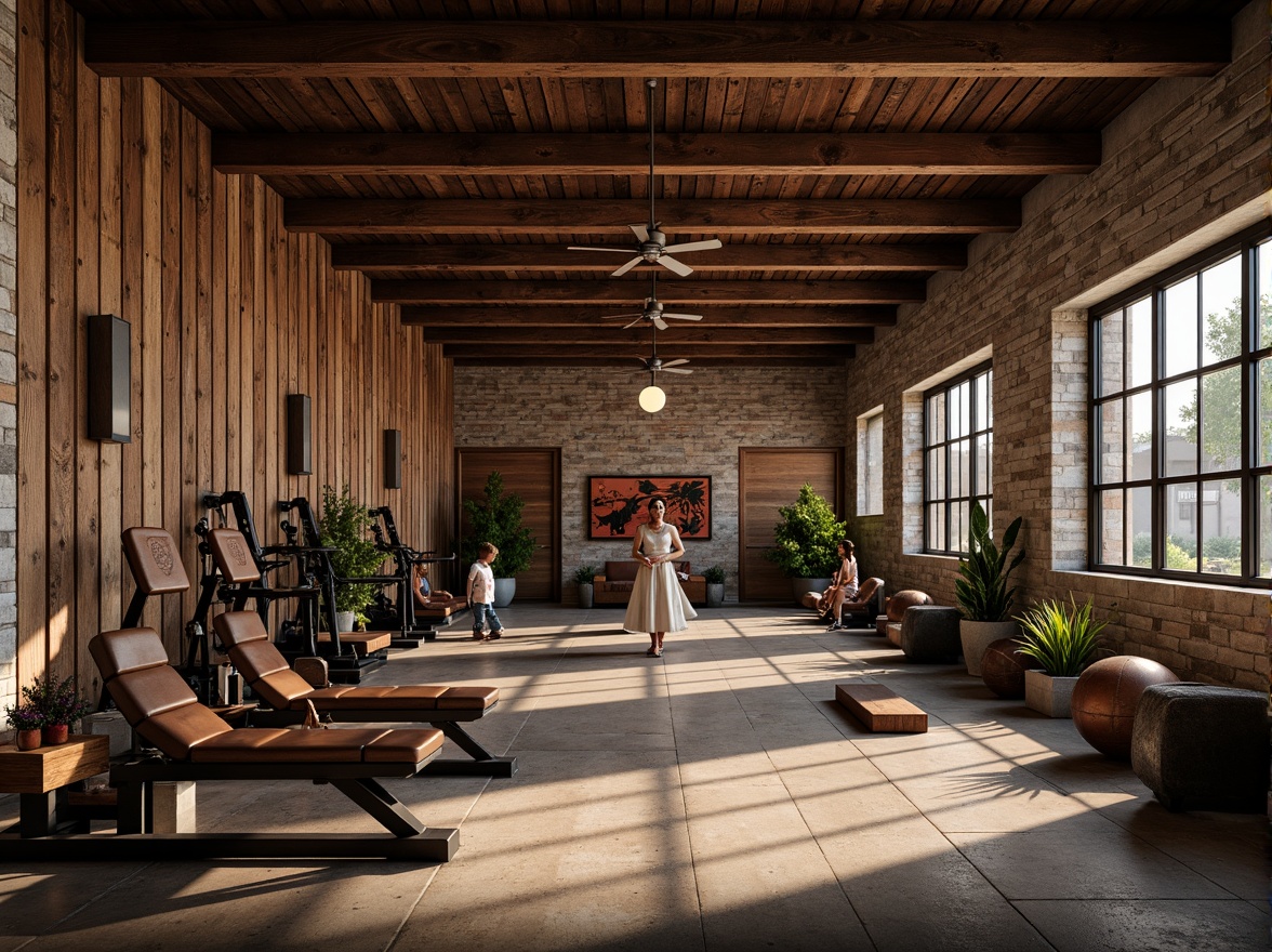 Prompt: Rustic fitness club, distressed wood accents, reclaimed barn wood walls, exposed brick surfaces, natural stone features, earthy color palette, industrial metal beams, vintage gym equipment, worn leather upholstery, dim warm lighting, shallow depth of field, 1/1 composition, realistic textures, ambient occlusion.