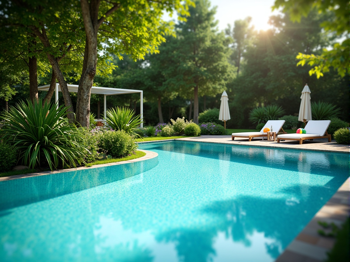 Prompt: Vibrant turquoise water, surrounding lush greenery, natural stone coping, sleek modern pool deck, comfortable lounge chairs, colorful beach balls, refreshing summer atmosphere, warm sunny day, soft gentle lighting, shallow depth of field, 1/2 composition, realistic textures, ambient occlusion.