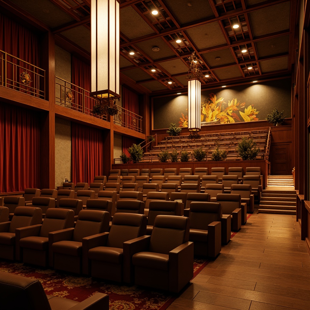 Prompt: Traditional Asian-style auditorium, ornate lanterns, warm golden lighting, paper lantern-inspired chandeliers, natural wood tones, intricate carvings, red velvet curtains, subtle uplighting, soft shadows, dramatic spotlights, Japanese-inspired shoji screens, bamboo flooring, minimal ornamentation, calm ambiance, serene atmosphere, gentle color palette, subtle contrast, 1/2 composition, shallow depth of field, realistic textures, ambient occlusion.