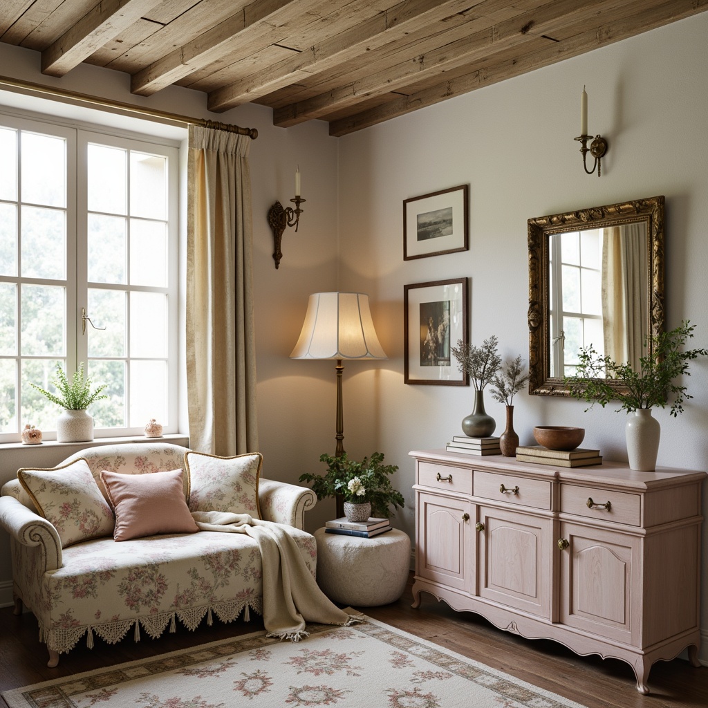 Prompt: Soft pastel hues, distressed finishes, vintage furniture pieces, lace curtains, floral patterns, rustic wooden accents, weathered stone walls, creamy whites, pale pinks, baby blues, muted yellows, ornate gold frames, antique mirrors, worn velvet textiles, natural linen fabrics, elegant chandeliers, warm candlelight, cozy reading nooks, French country-inspired decor, shabby-chic vintage charm.